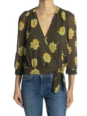 Madewell Effie Floral Woven Wrap Blouse Top in Olive Multi Size S EUC